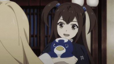 A Girl With Pigtails Is Holding A Stuffed Penguin With The Letter C On It GIF