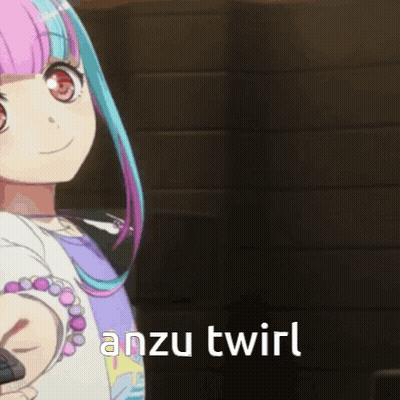 A Girl With Pink And Blue Hair Is Holding A Remote Control And Says " Anzu Twirl " GIF