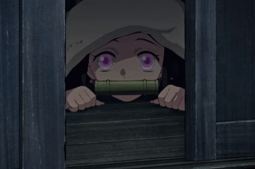 A Girl With Pink Eyes Is Looking Out Of A Window GIF