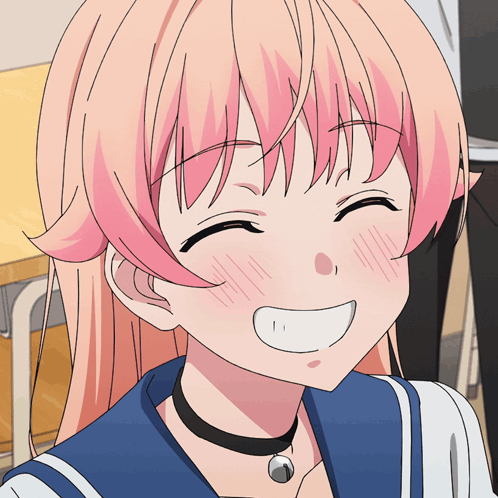 A Girl With Pink Hair And A Black Choker Smiles GIF