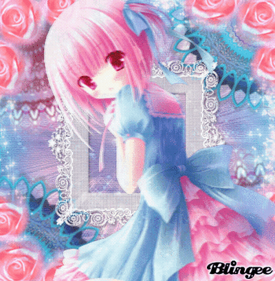 A Girl With Pink Hair And A Blue Dress Is Surrounded By Pink Roses And A Blingee Frame GIF