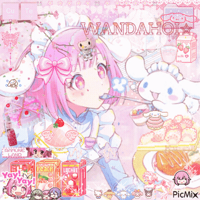 A Girl With Pink Hair And A Bow On Her Head Is Surrounded By Candy And A Box Of Lychee Drink GIF