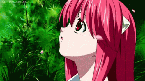 A Girl With Pink Hair And A Cat Ear Is Looking Up At Something . GIF