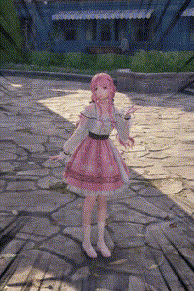 A Girl With Pink Hair And A Pink Dress Is Standing On A Stone Sidewalk . GIF