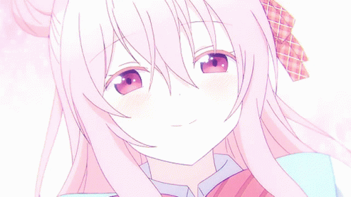 A Girl With Pink Hair And A Plaid Bow On Her Head GIF