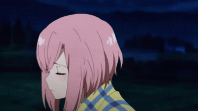 A Girl With Pink Hair And A Plaid Shirt Looks Down GIF
