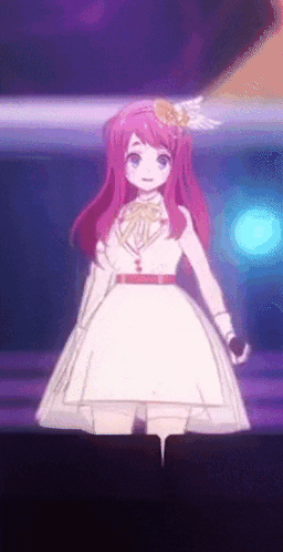 A Girl With Pink Hair And A White Dress Is Standing On A Stage GIF