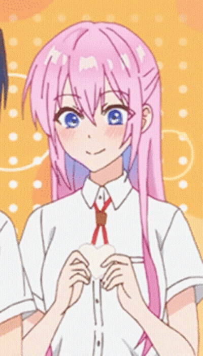 A Girl With Pink Hair And A White Shirt Has A Heart In Her Mouth GIF