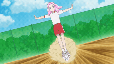 A Girl With Pink Hair And A White Shirt Is Jumping In The Air GIF