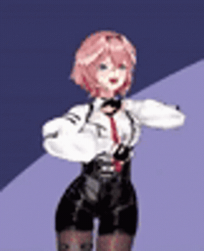 A Girl With Pink Hair And Black Shorts Is Standing In Front Of A Purple Background . GIF