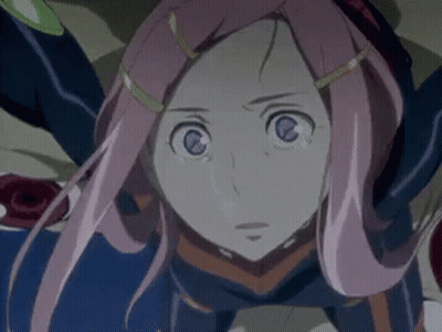 A Girl With Pink Hair And Blue Eyes Is Laying On The Ground GIF