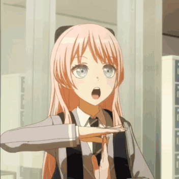 A Girl With Pink Hair And Blue Eyes Is Making A Stop Gesture GIF