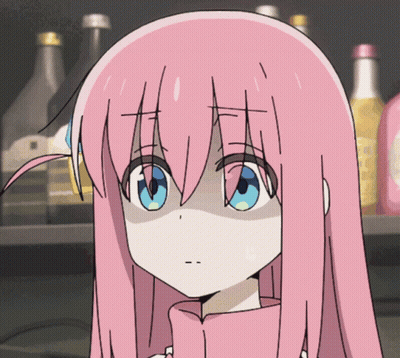 A Girl With Pink Hair And Blue Eyes Is Standing In Front Of A Shelf Full Of Bottles GIF