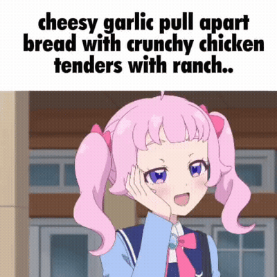 A Girl With Pink Hair And Blue Eyes Is Standing In Front Of A Sign That Says Cheesy Garlic Pull Apart Bread GIF