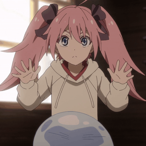 A Girl With Pink Hair And Blue Eyes Is Standing Next To A Blue Sphere GIF
