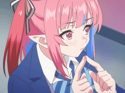 A Girl With Pink Hair And Blue Eyes Is Wearing A Blue And White Striped Tie GIF
