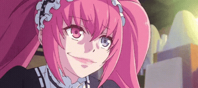 A Girl With Pink Hair And Blue Eyes Is Wearing A Maid Outfit And Making A Funny Face . GIF