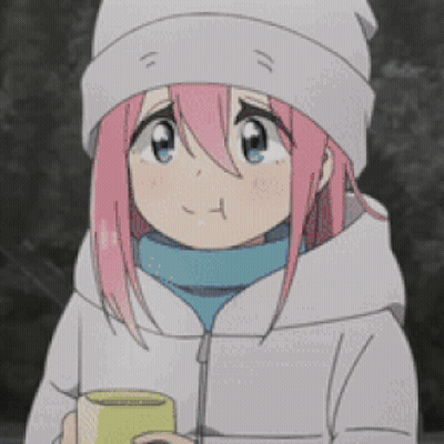 A Girl With Pink Hair And Blue Eyes Is Wearing A White Hat And Holding A Cup . GIF