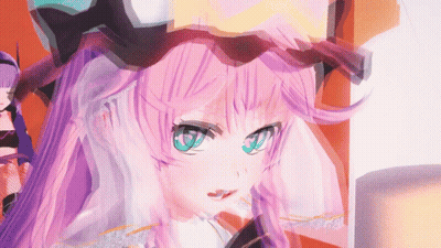 A Girl With Pink Hair And Blue Eyes Looks At Something GIF
