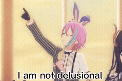 A Girl With Pink Hair And Bunny Ears Is Pointing Up And Saying `` I Am Not Delusional '' . GIF