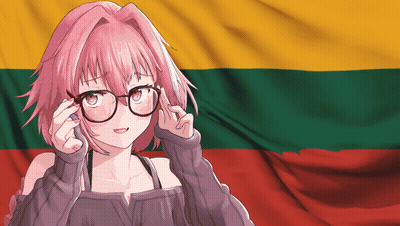 A Girl With Pink Hair And Glasses Is Standing In Front Of A Lithuanian Flag GIF