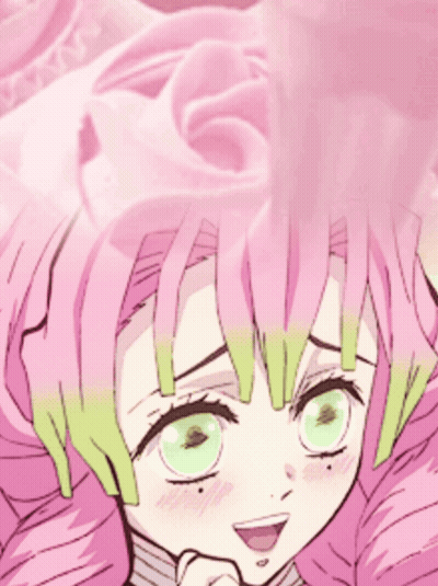 A Girl With Pink Hair And Green Eyes Has A Flower In Her Hair GIF