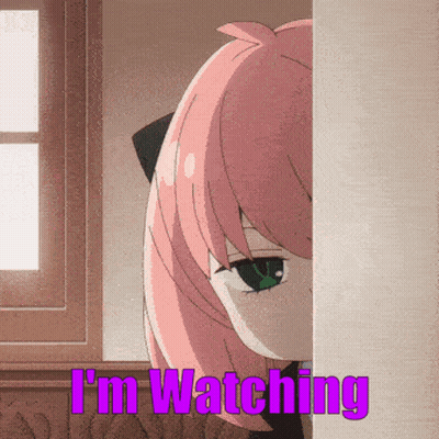 A Girl With Pink Hair And Green Eyes Is Peeking Out From Behind A Wall And The Words I 'M Watching Are Above Her GIF