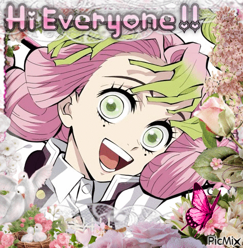 A Girl With Pink Hair And Green Eyes Is Surrounded By Flowers And The Words Hi Everyone GIF