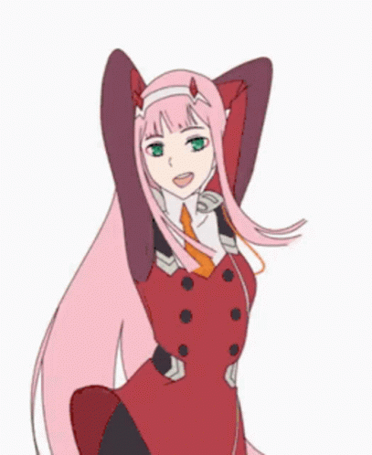 A Girl With Pink Hair And Green Eyes Is Wearing A Red Dress And Tie GIF