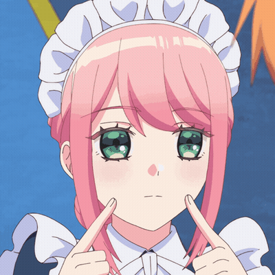 A Girl With Pink Hair And Green Eyes Is Wearing A White Maid Outfit GIF