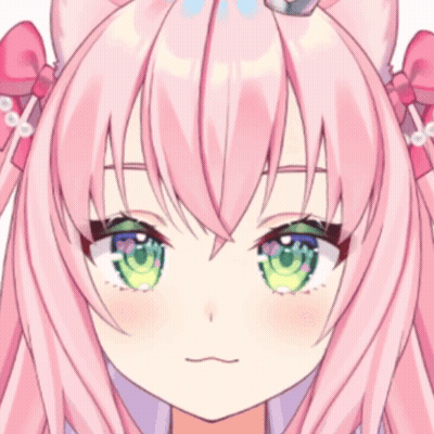 A Girl With Pink Hair And Green Eyes Looks At The Camera GIF