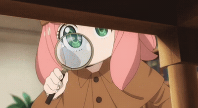 A Girl With Pink Hair And Green Eyes Looks Through A Magnifying Glass GIF