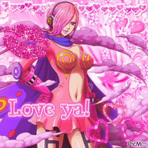 A Girl With Pink Hair And Headphones Is Wearing A Pink Dress And A Purple Cape . GIF