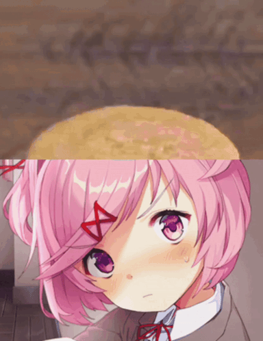 A Girl With Pink Hair And Purple Eyes Has A Red Bow On Her Head GIF