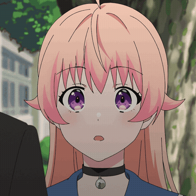 A Girl With Pink Hair And Purple Eyes Is Wearing A Black Choker GIF