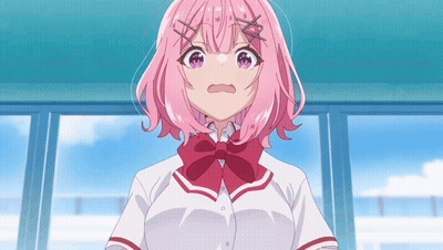 A Girl With Pink Hair And Purple Eyes Is Wearing A White Shirt And A Red Bow Tie GIF