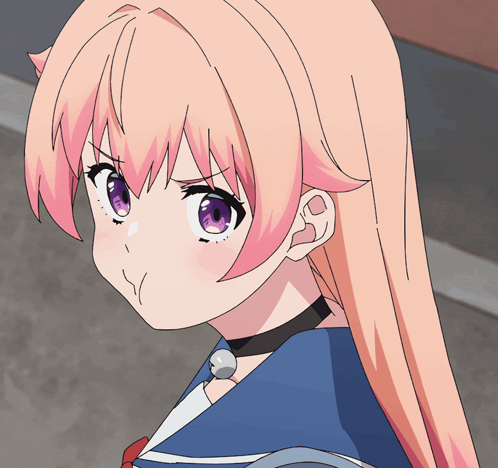 A Girl With Pink Hair And Purple Eyes Looks Angry GIF
