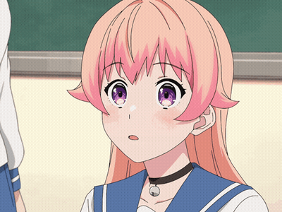 A Girl With Pink Hair And Purple Eyes Looks Surprised GIF