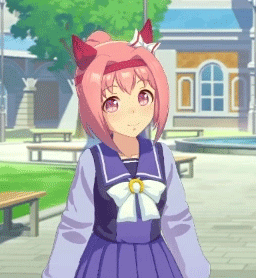 A Girl With Pink Hair And Red Ears Is Wearing A Sailor Uniform And Standing In Front Of A Building . GIF