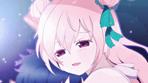 A Girl With Pink Hair And Red Eyes Has A Blue Bow In Her Hair GIF