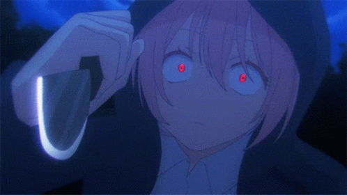 A Girl With Pink Hair And Red Eyes Is Holding A Glowing Object GIF