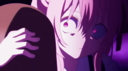 A Girl With Pink Hair And Red Eyes Is Holding A Purple Object GIF