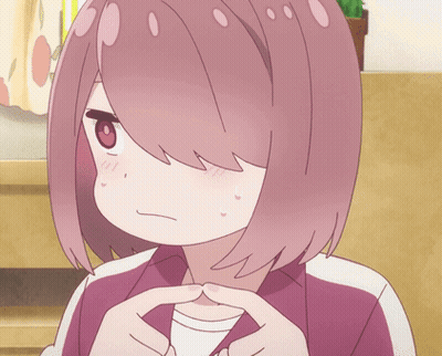 A Girl With Pink Hair And Red Eyes Is Holding A White Cup GIF