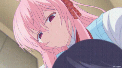 A Girl With Pink Hair And Red Eyes Is Shown In A Screenshot From Animestv GIF