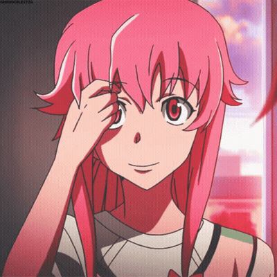 A Girl With Pink Hair And Red Eyes Is Smiling And Touching Her Eye GIF
