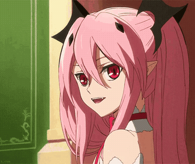 A Girl With Pink Hair And Red Eyes Is Standing In Front Of A Green Book GIF