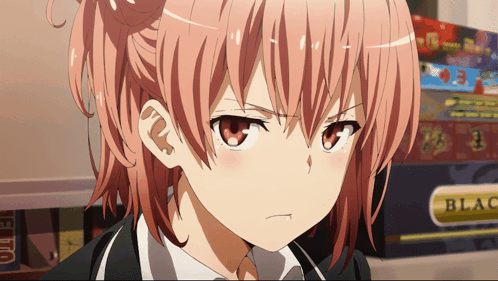 A Girl With Pink Hair And Red Eyes Is Standing In Front Of A Sign That Says Black GIF