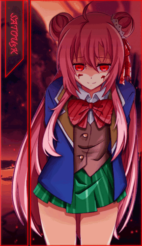 A Girl With Pink Hair And Red Eyes Is Standing In Front Of A Sign That Says Sattoker GIF