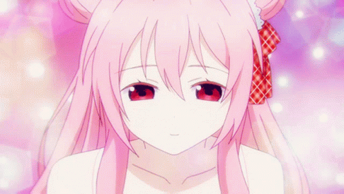 A Girl With Pink Hair And Red Eyes Smiles GIF