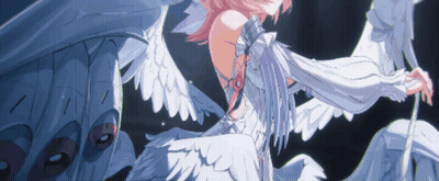 A Girl With Pink Hair And White Wings Is Holding A Sword GIF